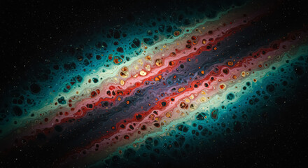 Poster - Painting of a galaxy with a blue stripe. The blue stripe is the only color that is not red or green. For background, copy space