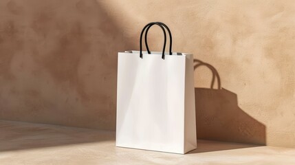 Wall Mural - A simple white shopping bag with black handles sits on a textured backdrop, ideal for branding and design showcases.