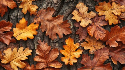 Wall Mural - Capture the beauty of autumn with stunning oak leaves clinging to textured tree bark against a clean, serene backdrop.