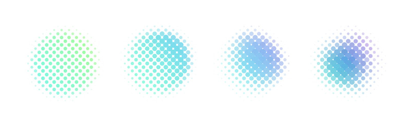 Poster - Four circular halftone textures in green to blue hues on a white background. Each circle varies in dot size and density, creating a subtle gradient effect that emphasizes color transition.