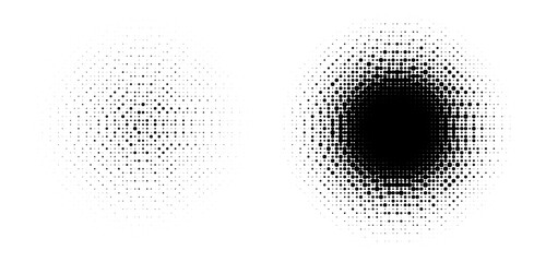 Poster - Two circular dot patterns on a white background, transitioning from dense black at the center to sparse edges. The design creates a minimalist and abstract visual, emphasizing contrast and symmetry.