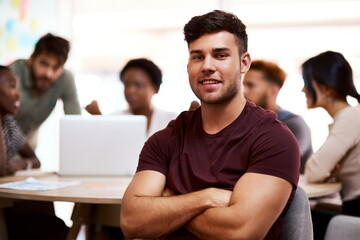 Poster - Portrait, creative and confident business man with pride, career growth and internship in startup office. Face, arms folded and happy professional employee or brand strategist coworking in meeting