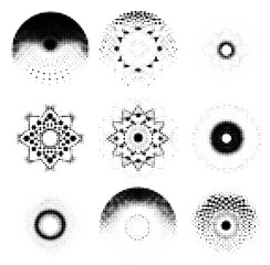 Poster - Set of halftone textures featuring circular dot patterns on a white background, each with varying densities and arrangements. The minimal design highlights texture diversity, contrast, and form.