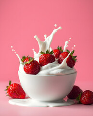 Poster - Concept starwberry yogurt splash on  background