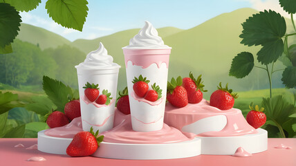 Poster - Concept starwberry yogurt splash on  background