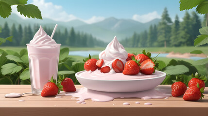 Poster - Concept starwberry yogurt splash on  background