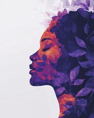 woman's profile blended with leaves in artistic purple and orange design