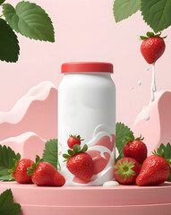 Poster - Concept starwberry yogurt splash on  background
