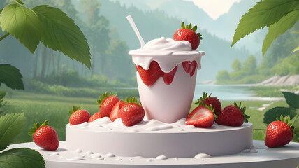 Poster - Concept starwberry yogurt splash on  background