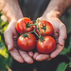 Wall Mural - Freshly harvested tomatoes held in hands during late afternoon in a garden setting. Generative AI