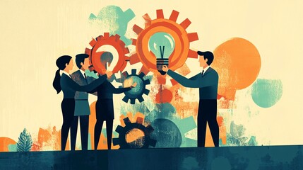 Poster - Business people holding gears and light bulb as a teamwork concept