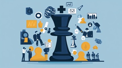 Aufkleber - Business strategy and planning with chess pieces surrounded by business icons