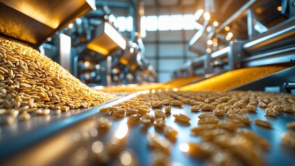 Poster - grain processing facility showcasing the movement of oats and seeds in a modern production line