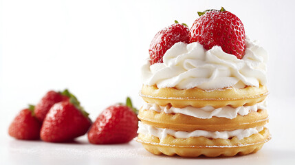 Wall Mural - Belgian waffle stack with whipped cream and strawberries isolated on white background.