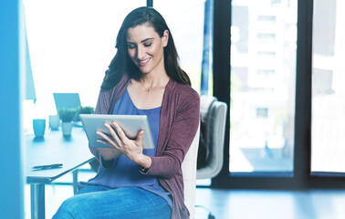 Poster - Woman, tablet and website for research on media, reading and professional journalist for article. Office, publishing agency and online for newsletter editing, reporter planning and creative employee