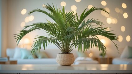 Poster - green indoor plant in a cozy living room with soft bokeh lights in the background