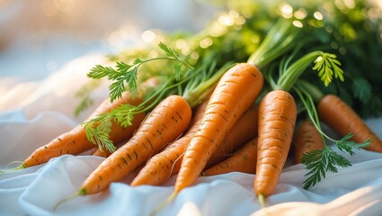 Poster - freshly harvested carrots on white fabric illuminated by soft morning light