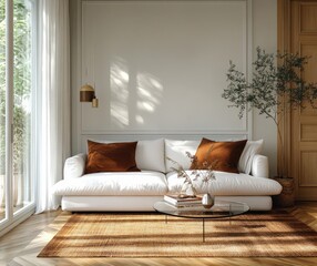 Wall Mural - Scandinavian Minimalist Living Room Design Cozy Interior with White Sofa and Glass Coffee Table