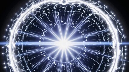 Poster - Abstract digital art depicting a bright center emitting light beams and particles inside a circle on a black background, creating a sense of energy and movement