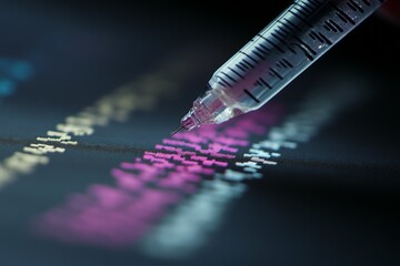 Poster - Digital coding process with focus on syringe holding ink over screen displaying programming code