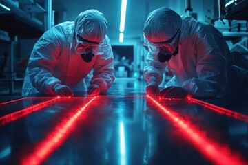 Poster - Scientists conduct research using laser technology in a high-tech laboratory setting