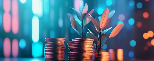 Leinwandbilder - Plant growing on increasing stack of coins showing profit and investment growth
