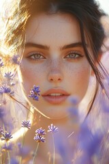 Wall Mural - Beauty of a young woman surrounded by blooming lavender in a sunny field during late afternoon