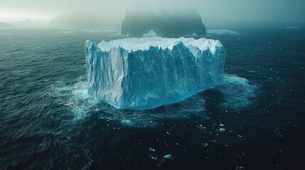 iceberg in foggy ocean with rocky arch, climate change concept
