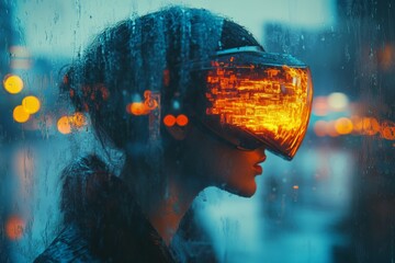 Poster - Innovative person wearing futuristic visor stands behind rain-slicked glass in a vibrant urban environment during twilight