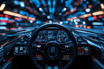 Poster - Advanced futuristic car cockpit featuring high-tech interfaces and vibrant ambient lighting