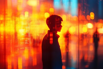 Poster - Silhouette of a person against a backdrop of colorful lights and reflections in an urban setting at night