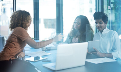 Aufkleber - Creative, business women and group planning, event coordinator or ideas with paperwork. Meeting, startup or cooperation on project with manager for venue budget, cost discussion or strategy on tablet