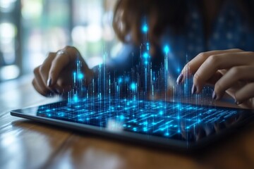 Poster - Engaging with digital data on a tablet with glowing visualizations in a modern workspace