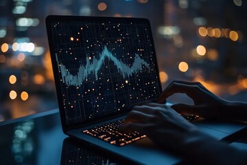 Poster - Evening data analysis on laptop with glowing city lights in the background during nighttime