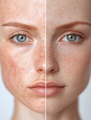 Leinwandbilder - Side by side comparison of skin types showcasing acne prone skin versus flawless radiant skin highlighting dermatology insights. Generative AI