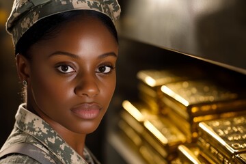 Wall Mural - Woman in a military uniform stands in front of a stack of gold bars