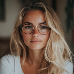 Poster - Young woman with long blonde hair and glasses posing indoors in a relaxed atmosphere during the daytime. Generative AI