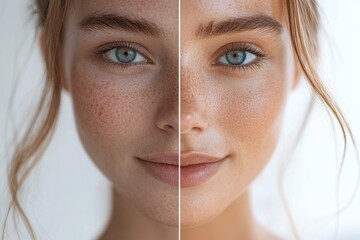 Poster - Comparison of acne prone skin and clear radiant skin showcasing dermatology concepts and skincare effects in natural light. Generative AI