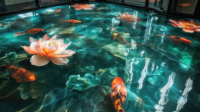 dynamic interactive 3D epoxy floor, light-sensitive designs with polished reflective surfaces