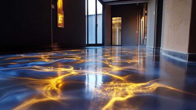 dynamic interactive 3D epoxy floor, light-sensitive designs with polished reflective surfaces