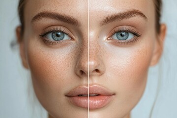 Aufkleber - Split view of a womans face highlighting age contrast featuring wrinkles on one side and smooth skin on the other. Generative AI