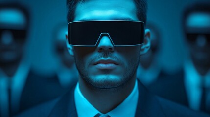 Aufkleber - Businessman wearing vr glasses with coworkers looking in background