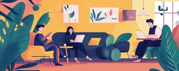 Aufkleber - Young people working and relaxing in creative coworking space