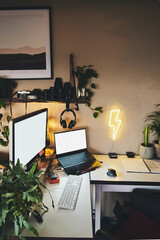 Poster - Empty, workstation and tech on furniture, laptop and equipment for work in office or interior design. Creative, digital and screen on room for business, company or monitor on table, display or mockup