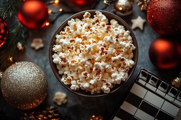 Wall Mural - Christmas Popcorn Bowl and Film Clapperboard Festive Flat Lay for Cozy Movie Nights