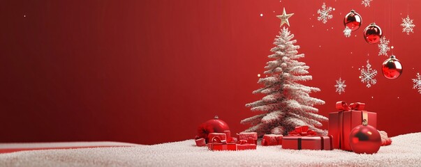 Poster - White christmas tree with red baubles and gifts standing on snow with red background
