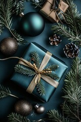 Poster - Christmas gift box decorated with golden ribbon lying on teal background