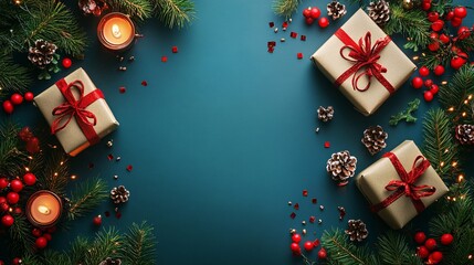 Poster - Christmas gifts surrounded by pine branches and candles on teal background