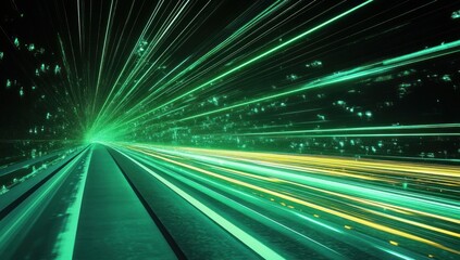 Poster - Sustainable Electric Vehicle Highway with Green Light Trails at Night Dynamic Eco Transport Concept