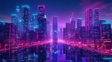 Poster - futuristic cityscape in cyberpunk style with neon lights and skyscrapers